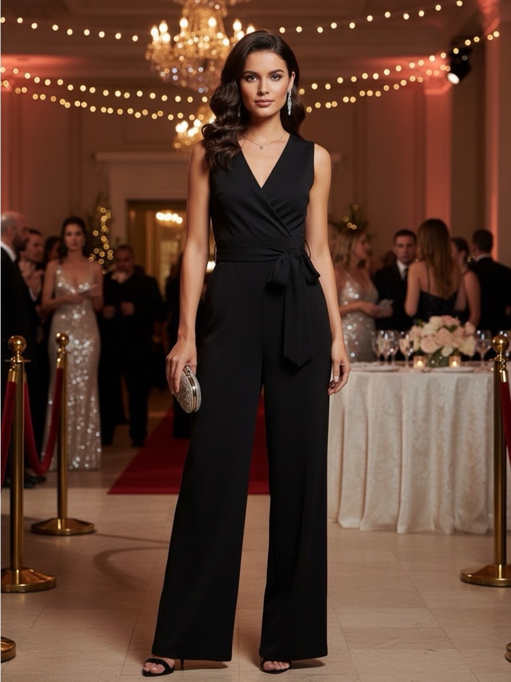 Shelby & Palmer Black Sleeveless Wrap Jumpsuit with Waist Tie